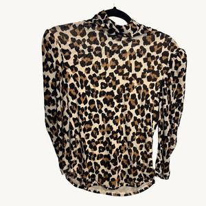 Free People Cheetah Print Turtleneck Light Blouse Size Medium 3/4 Sleeves